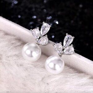 925 Sterling Silver Pearl Diamond Earrings Cute Pearl Studs